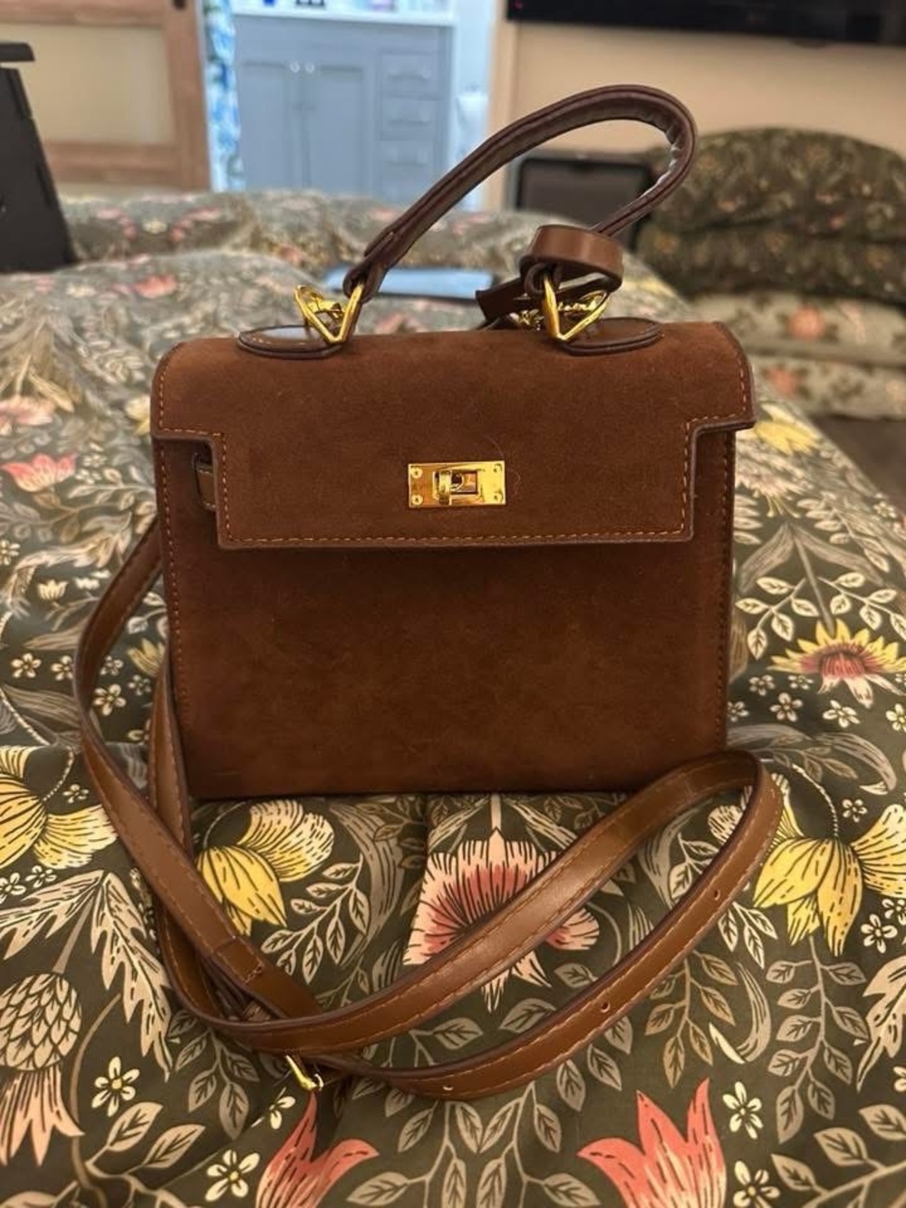 Classic Brown Suede Top-Handle Crossbody Bag